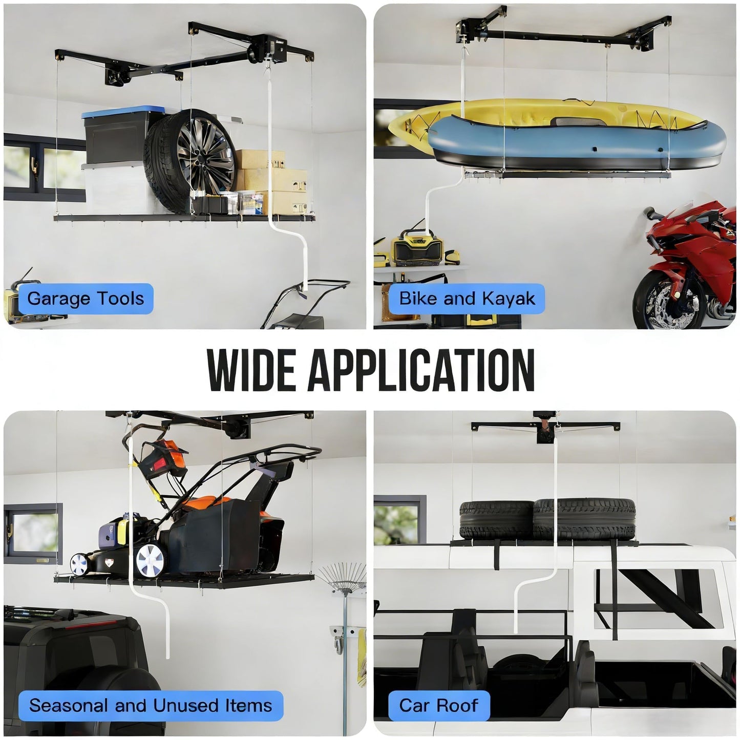 ExploreHorizon 4x4 FT Overhead Garage Lifting Storage Rack, 350 lbs Capacity & 79" Lifting, Metal Garage Ceiling Rack, Adjustable Storage System with Safety Lock