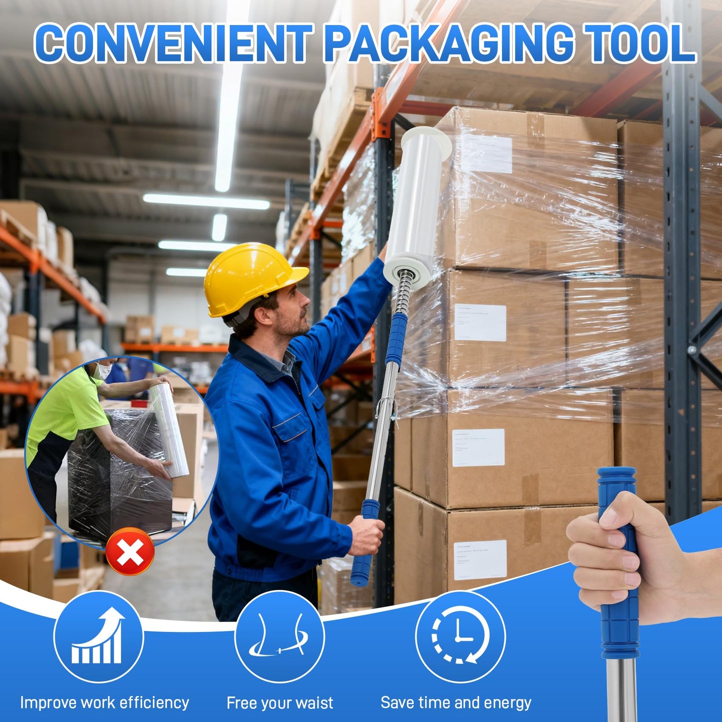 10-Pack Heavy Duty Stretch Film Dispenser Pole Holder - 48 Inch Extra Long Handle for Pallet Wrapping - Fits 12" to 24" Rolls with 2" to 3" Core - Industrial Grade Stretch Wrap