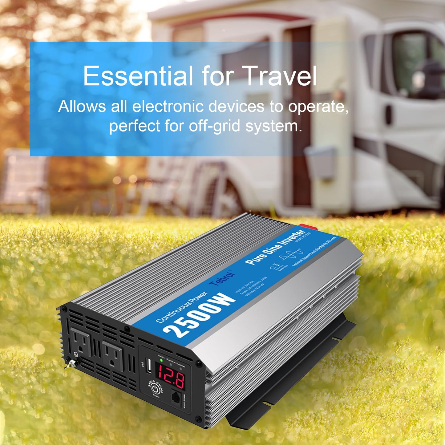 Tebrol 2500W Pure Sine Wave Inverter 12V DC to 120V AC Converter for Home, RV, Truck, Off-Grid Solar Power Inverter with Built-in 5V/2.1A USB, AC Hardwire Port, Remote Controller
