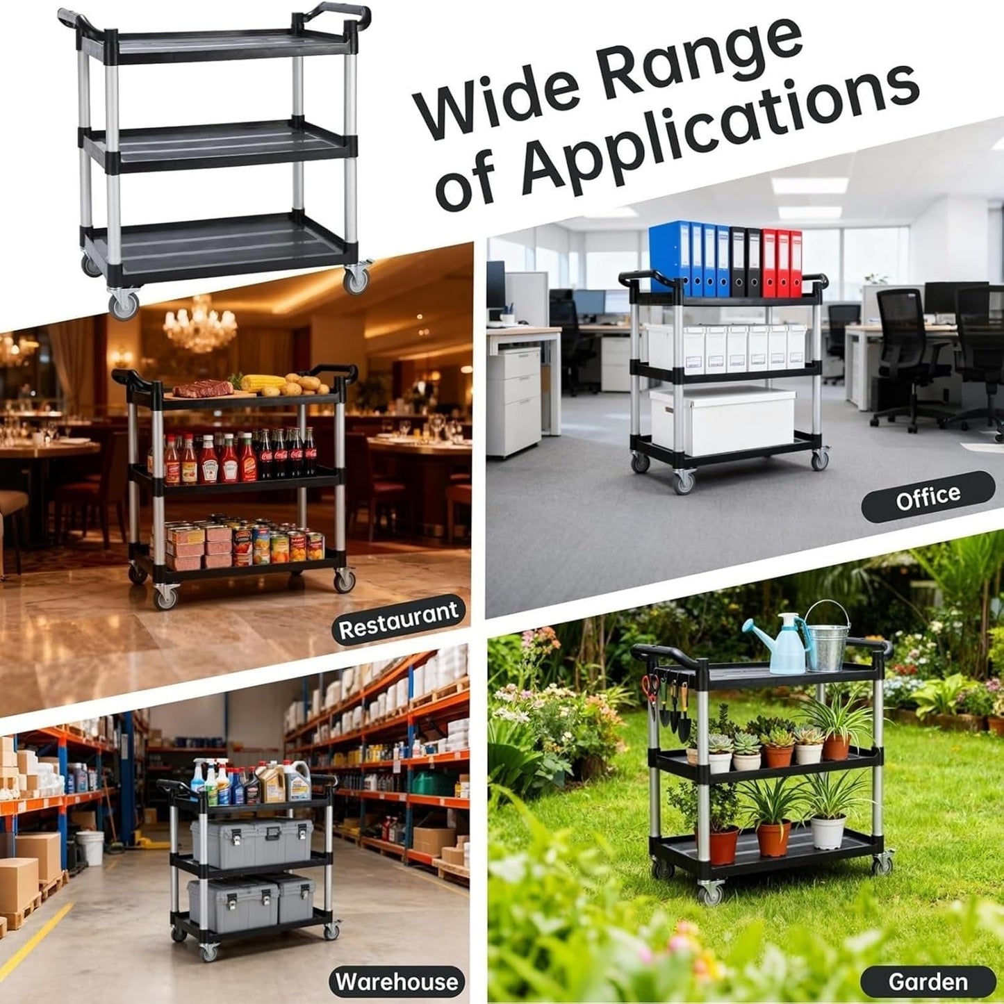 Aimoly 3-Tier Rolling Utility Cart with Wheels, 510 lbs Capacity Service Cart, Commercial Kitchen Cart with 4 Lockable Swivel Casters for Restaurant/Home/Warehouse/Office (34 x 17 x 37 in)