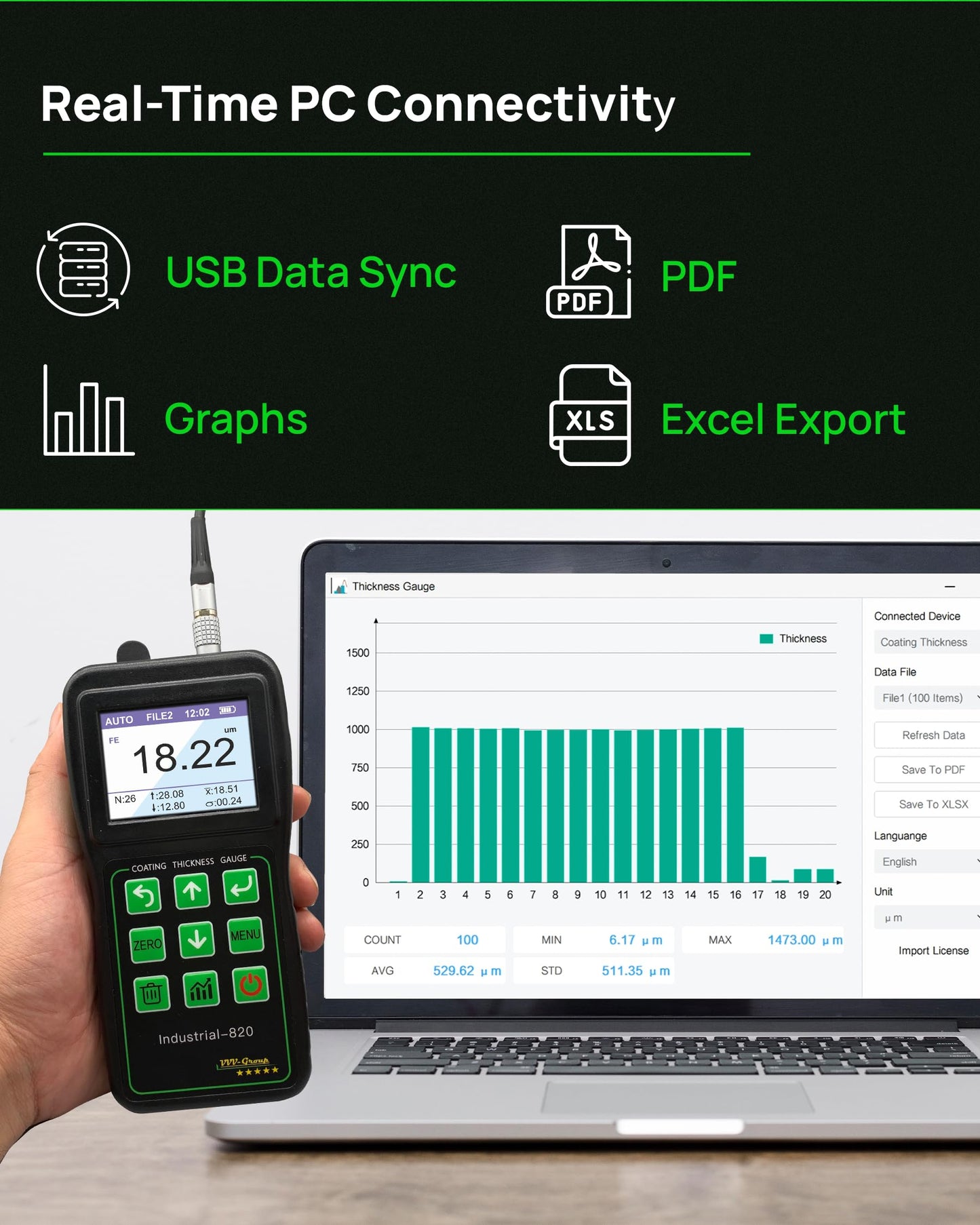 Coating Thickness Gauge Industrial-820 – 0–1500µm (0–59 mils) Dual F/N Probe, USB PC Data Export, 500 Data Groups, Statistics Mode, Alarm Limits, Industrial & Automotive Inspection