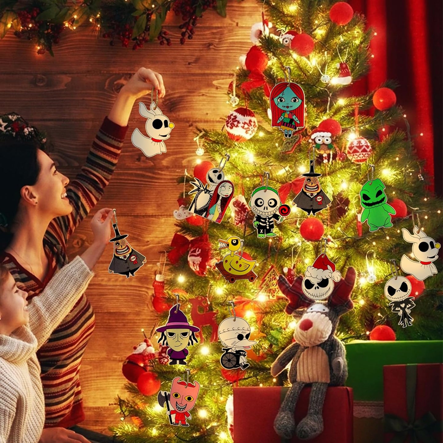 Skiennix 36 PCS Halloween & Christmas Nightmare Ornaments - Wooden Hanging Decor for Home & Parties