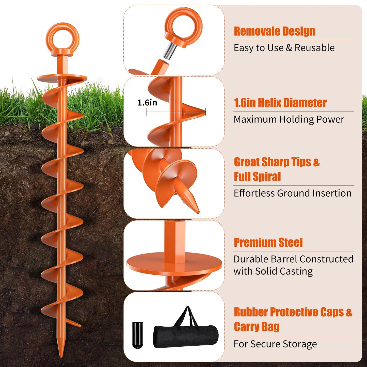 Phopich Ground Anchor Screw in, 4 Pack Spiral Trampoline Anchors with Nut and Tool Swing Set Anchors Tent Stakes High Wind Heavy Duty for Sheds, Carports, Mobile Home Orange