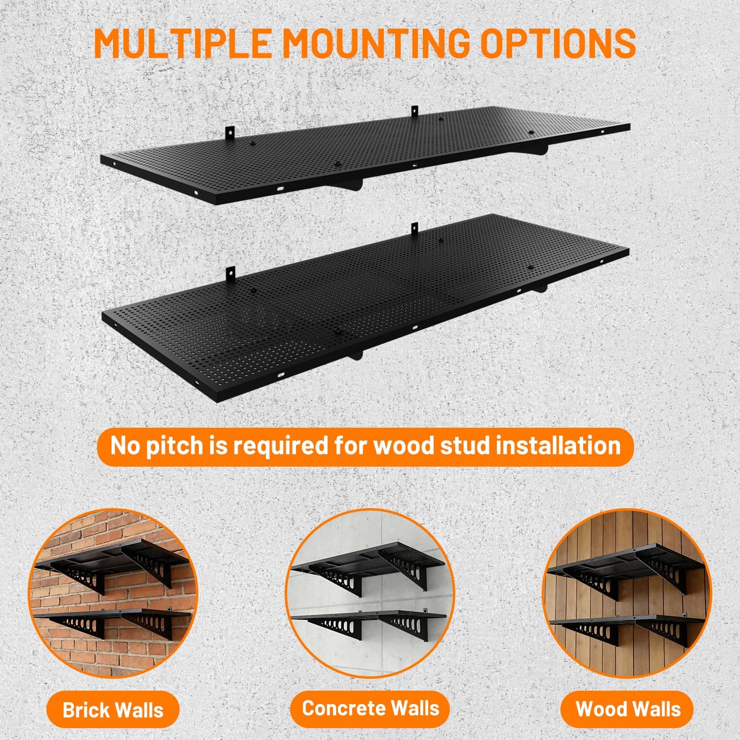 Cuguords 2-Pack 1.5x4ft Garage Wall Shelving, 500 Lbs Heavy Duty Garage Shelving Wall Mounted, Flat Metal Rack With Complete Install Kit & Hooks, Black