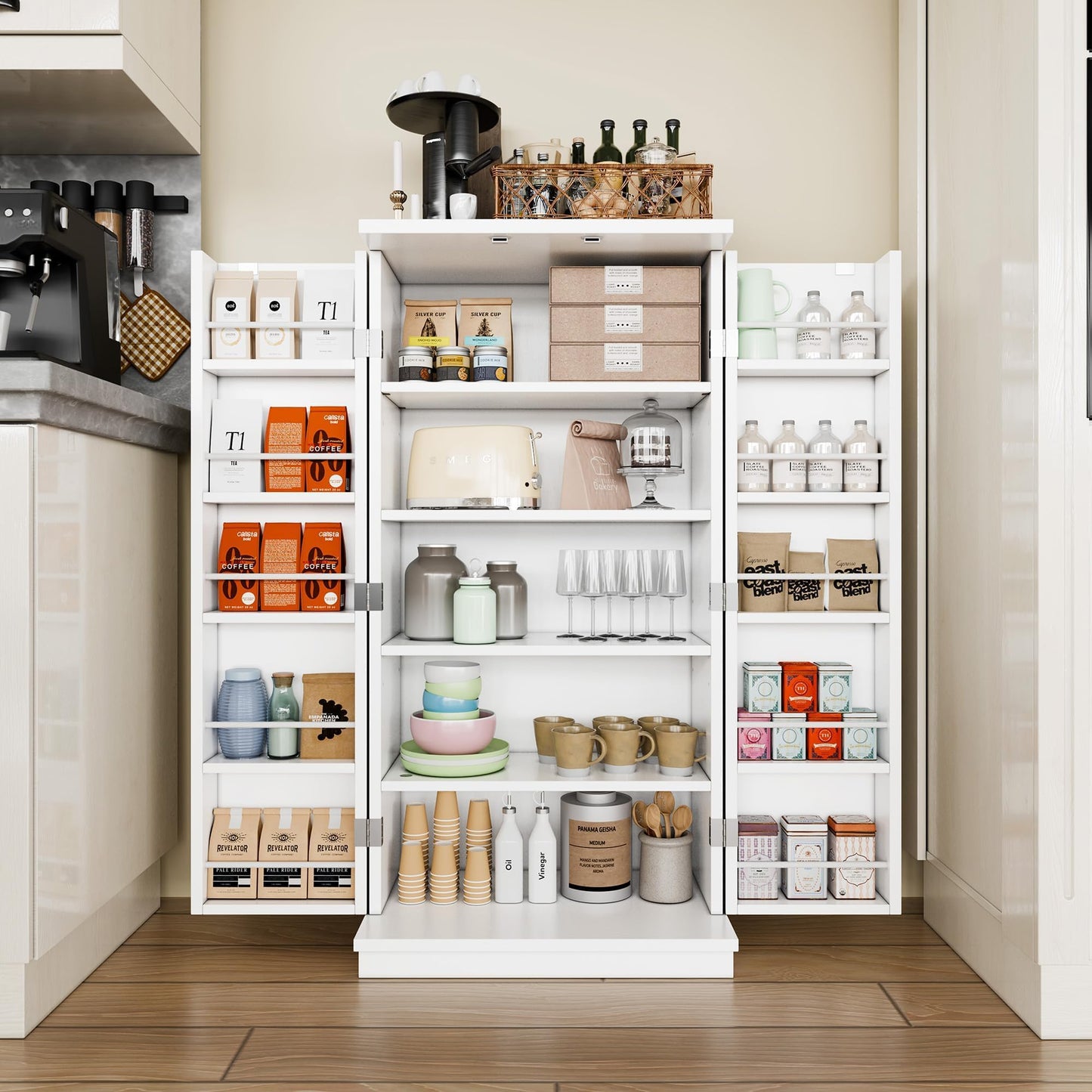 Shintenchi Kitchen Pantry Cabinet,5 - Layer Storage Cupboard with Adjustable Shelves for Organizing and Storing Food Items,47'' Versatile Buffet Sideboard for Kitchen, Bathroom and Laundry,White
