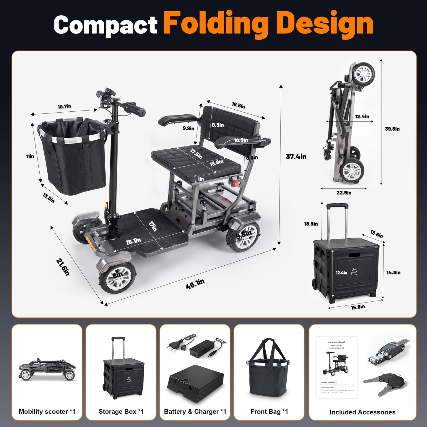 Lightweight Mobility Scooters for Seniors and Adults, Foldable 4-Wheel Motorized Scooter with Storage Crate & Basket, Aluminum Frame, 350W Motor, 24V 12Ah Battery, 20 Miles Range, 400Lbs Capacity