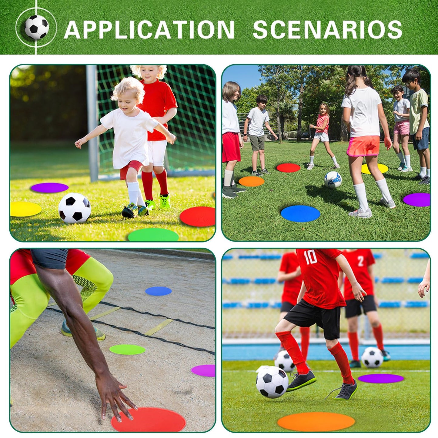 PIKZH Poly Spot Markers 4 inch 12 Pcs Non-Slip Rubber Agility Training Markers Floor Dots Flat Field Cones for Football, Soccer Ball, School Exercise Drills, Gym Dance Practice TPE