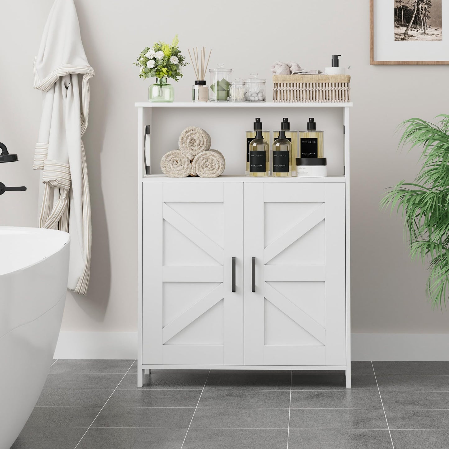 Homhedy Farmhouse Bathroom Storage Cabinet with 2 Doors, Toilet Paper Cabinet with Adjustable Shelf, Small Bathroom Cabinet for Kitchen/Laundry/Living Room, 11.8 x 23.6 x 31.5 Inches, White