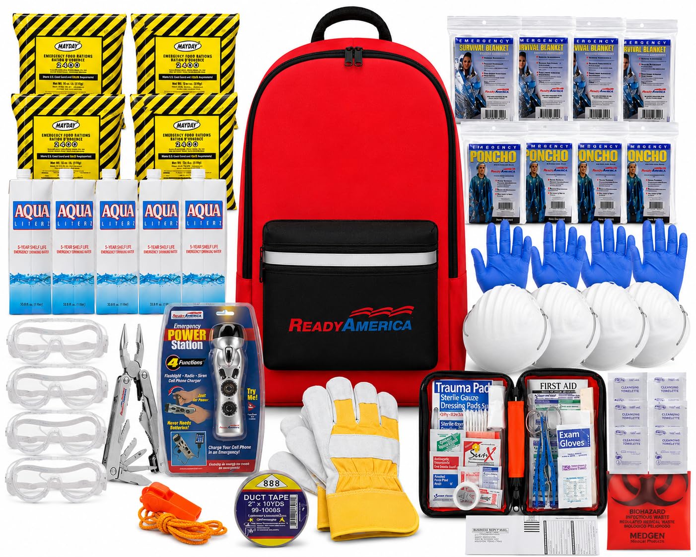Ready America 72 Hour Deluxe Emergency Kit, 4-Person 3-Day Backpack, First Aid Kit, Survival Blanket, Power Station, Emergency Food, Portable Disaster Preparedness Go-Bag for Earthquake, Fire, Flood