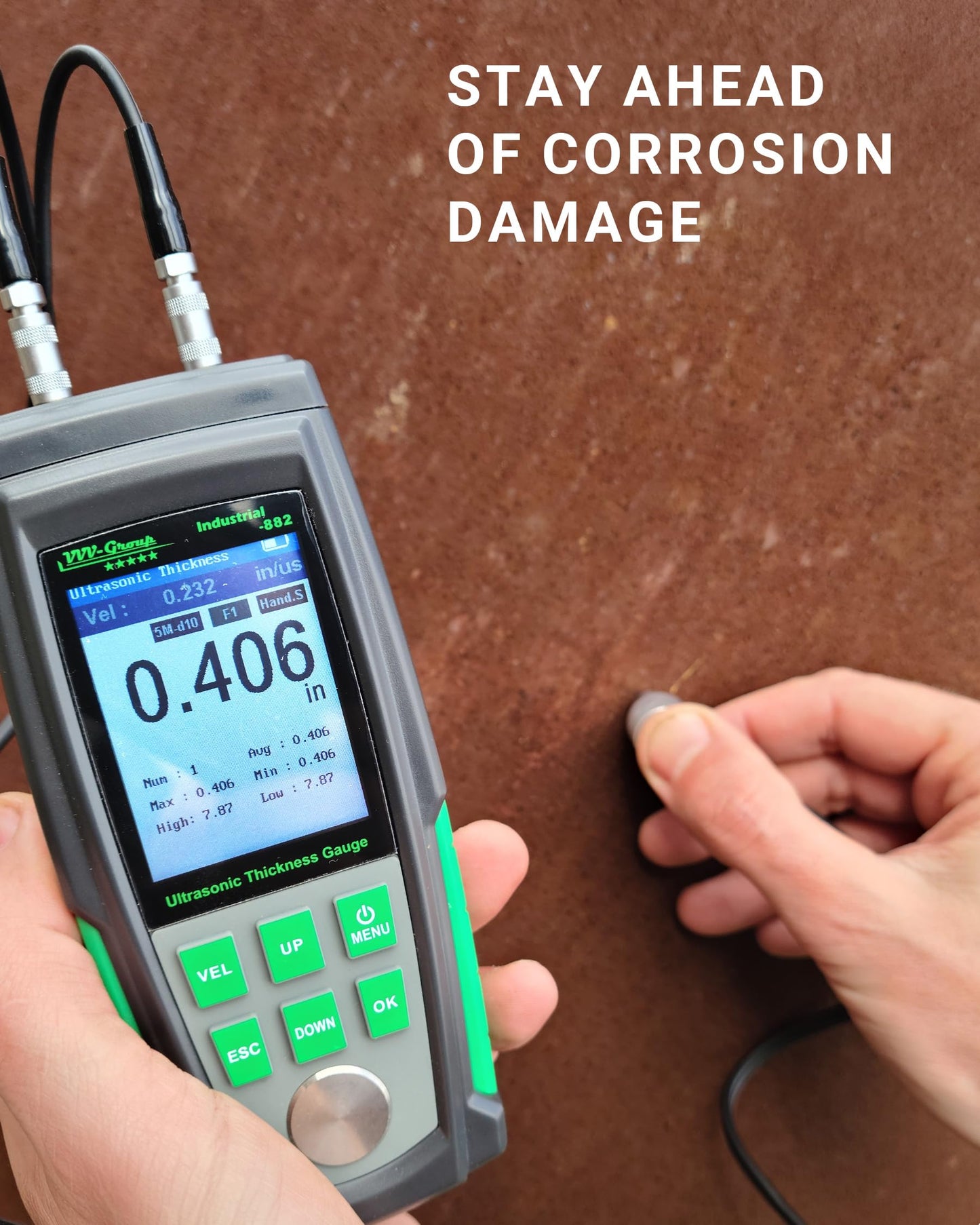 Ultrasonic Thickness Gauge Industrial-882 – Metal Thickness Tester for Steel, Pipes and Industrial Materials, 0.039–8.858 in (1–225 mm) Range, Color LCD, Auto Calibration, Handheld Thickness Tester