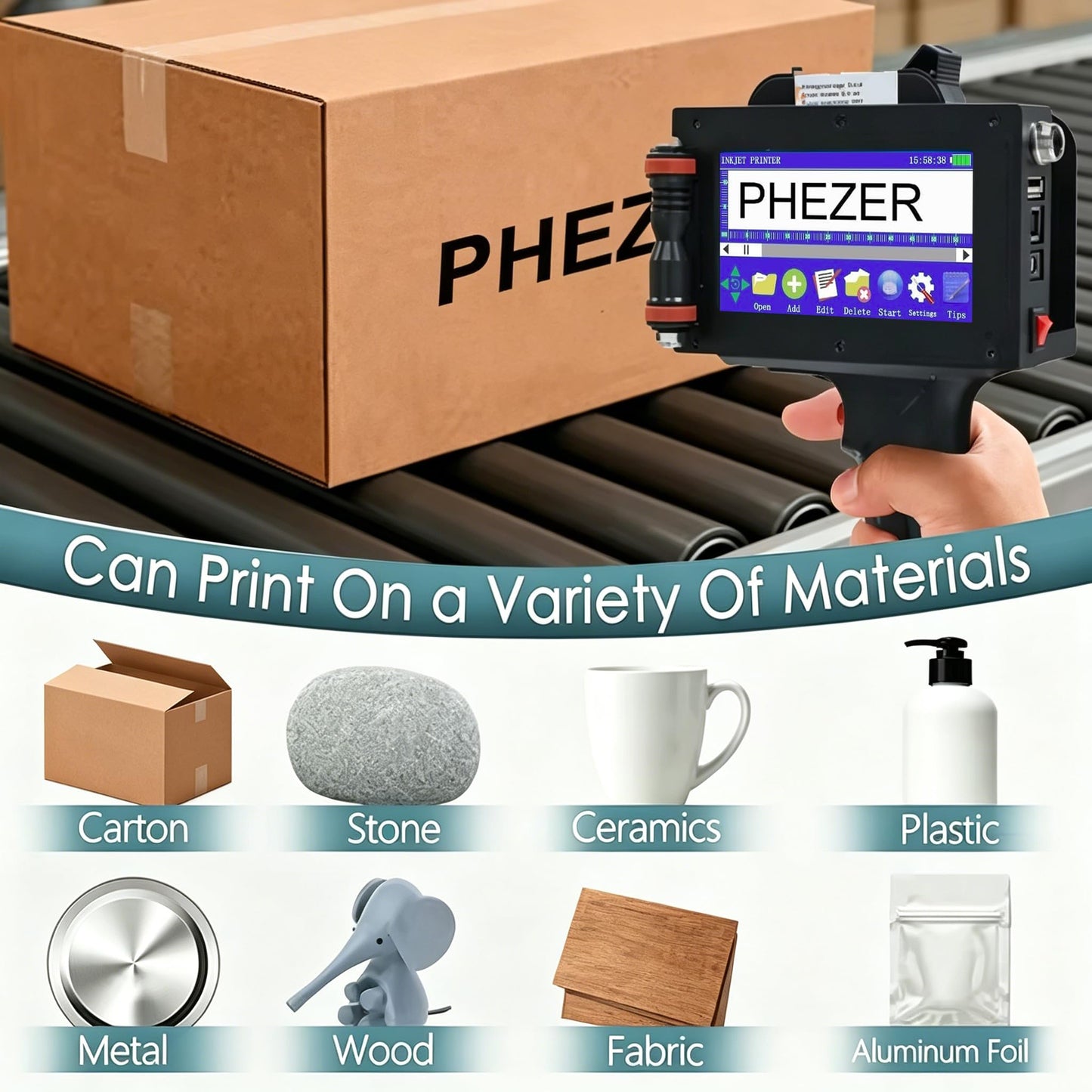 Phezer P16-1 Handheld Inkjet Printer, Printing Height 1 Inch with 72ml Solvent Ink Cartridge, Portable Intelligent Coding Machine for Expiry Date/Time/Barcode/QR Code/Logo (Metal Body)