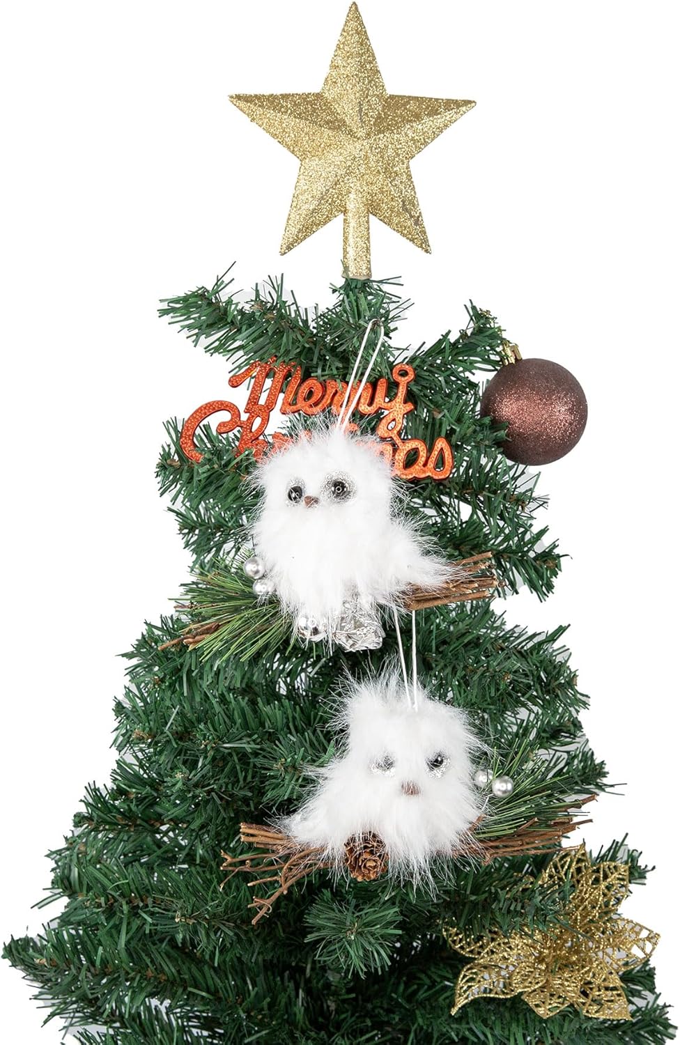 YCHTEWY White Plush Owl Christmas Ornaments - Gold Star Winter Holiday Tree Decor | Set of 2