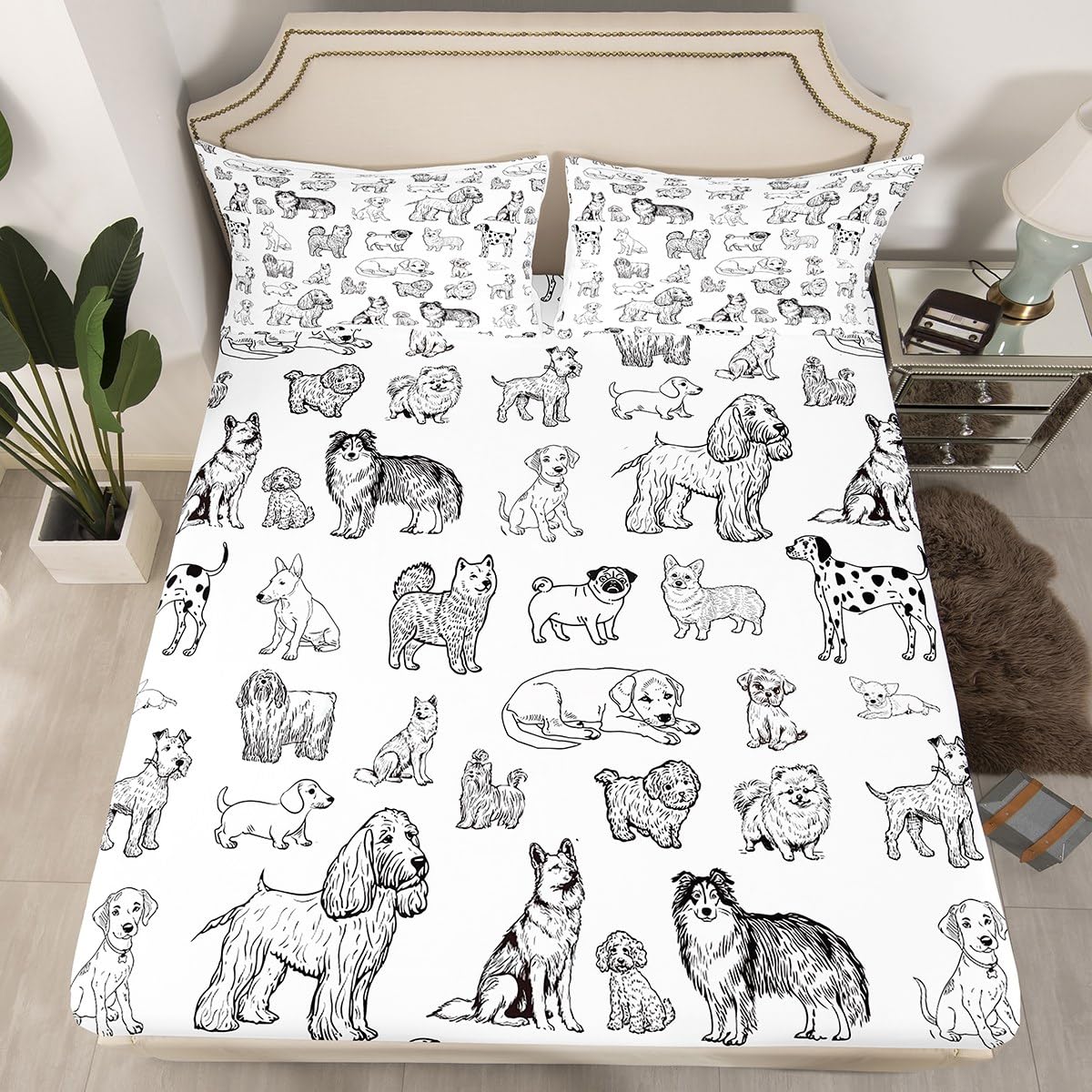 Cartoon Dog Fitted Sheet Queen Size Black White Dog Puppy Sketch Bedding Set 3Pcs for Kids Girls Boys Adult Room Decor Cute Pet Animals Bed Sheet Soft Lightweight Deep Pocket Sheet,2 Pillowcase