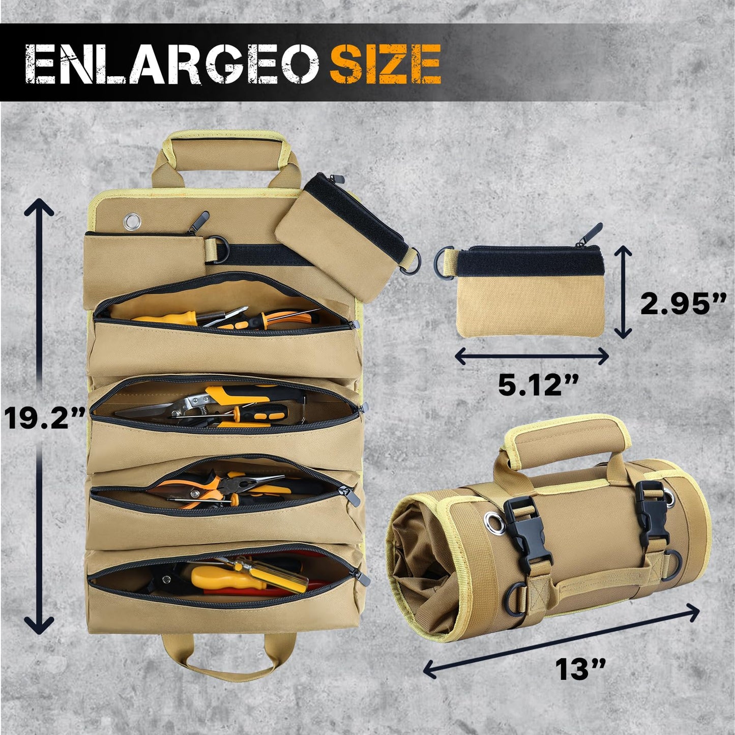 Roll Up Tool Bag, Heavy Duty Tool Organizer with 2 Detachable Pouches, Durable Tool Storage for Men, Women, Husband, Handyman, RV Owners, Khaki