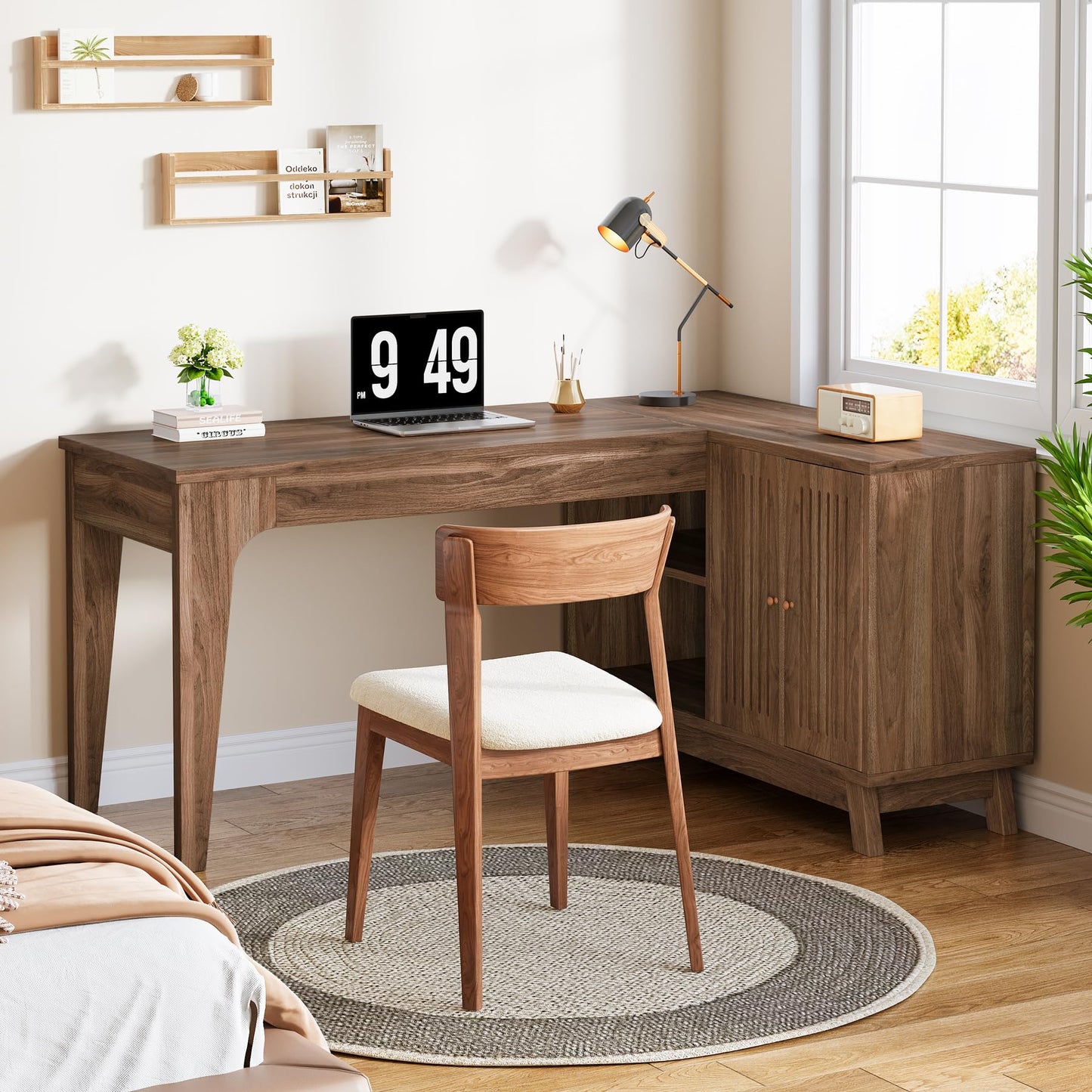 Tribesigns L-Shaped Desk with Storage Cabinet, 57-Inch Wood Corner Workstation, Home Office Computer Desk, Study Writing Table for Bedroom, Walnut