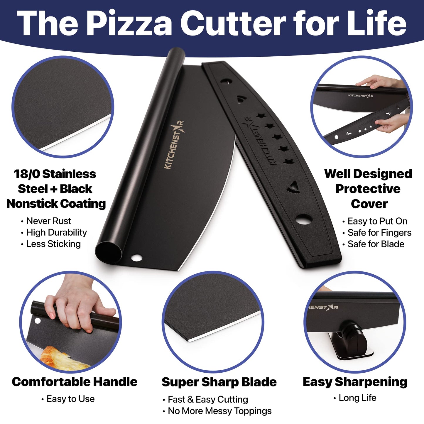 KitchenStar Pizza Cutter Rocker Blade 18" Black + Wooden Pizza Peel 16" + Pizza Stone for Oven and Grill 16" with Handles - Pizza Making Bundle