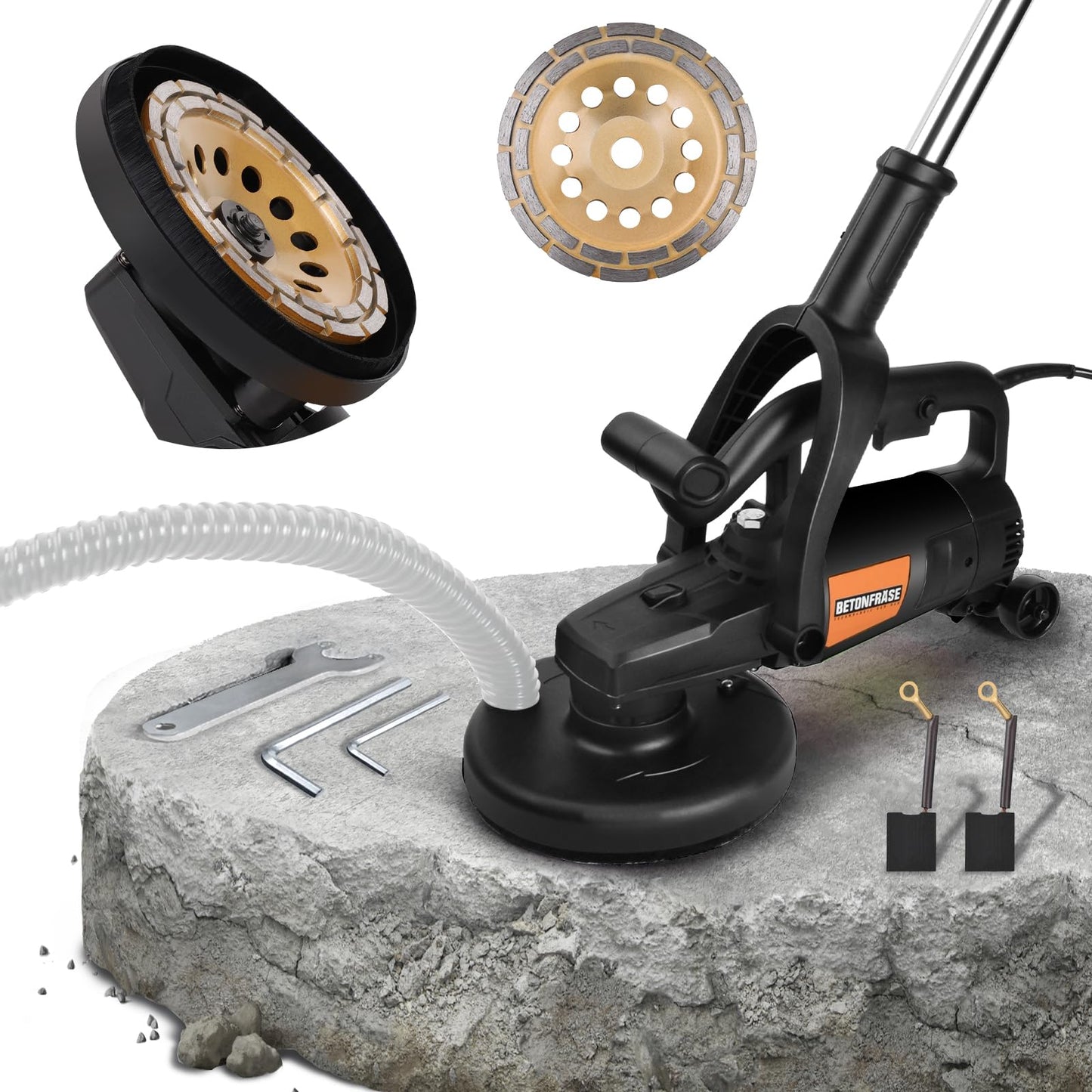 Concrete Grinder Set with Long Handle & Dust Extraction Shround, 7 Inch 3800W 6000RPM Concrete Floor Grinder Concrete Surface Planer 6 Gears & Auxiliary Wheels for Grinding Concrete Cement Marble