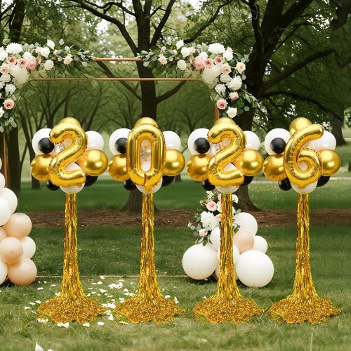 Graduation Balloon Columns Kit by 2026 - Set of 4 Stands with Gold Fringe Curtain for Party Backdrop