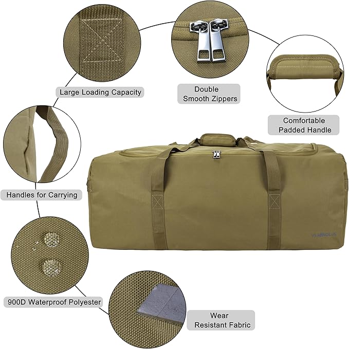 Large Duffle Bag 100L, Travel Duffel Bag for Men, Water & Tear Resistant Travel Bag, Extra Large Moving Bags Women Weekender Bag Overnight for Sports Travel Essentials, Camping Gear Storage (Khaki)