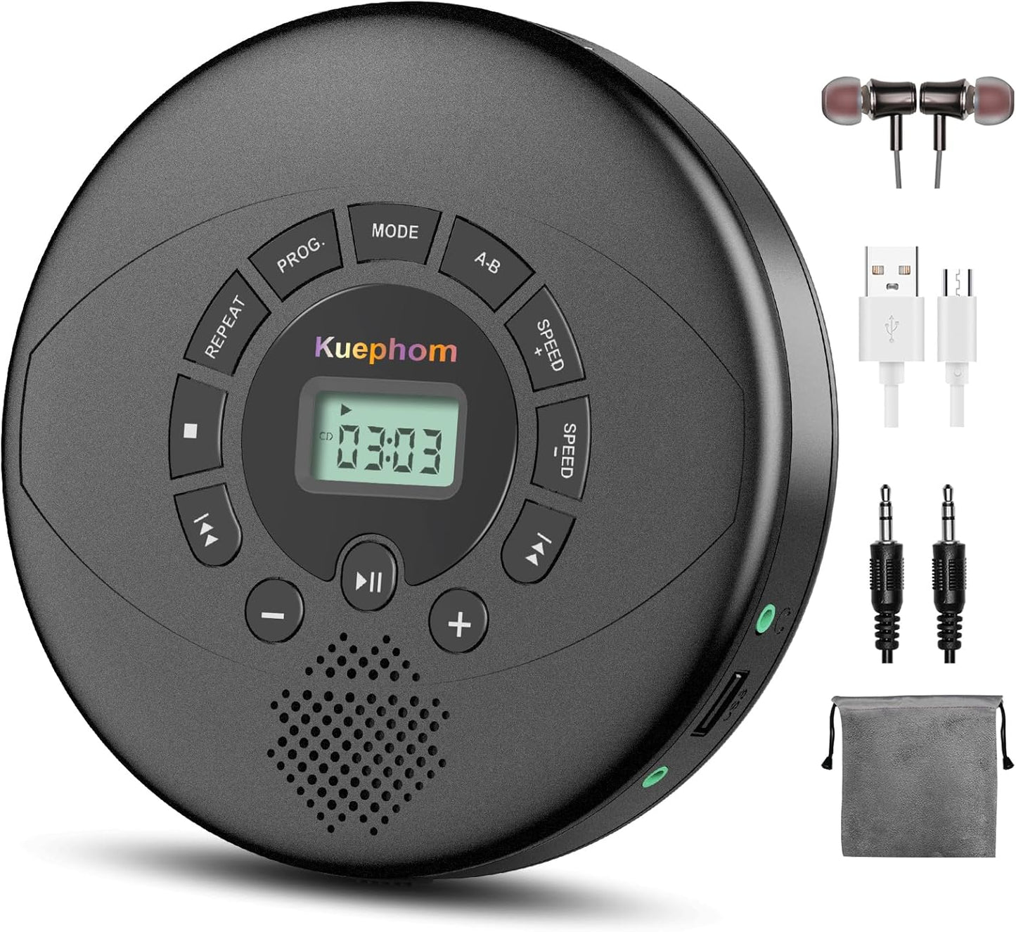 Kuephom Discman MP3, Portable CD Player Rechargeable with Speaker and Headphones, Walkman with Anti-Skip, CD-R, USB