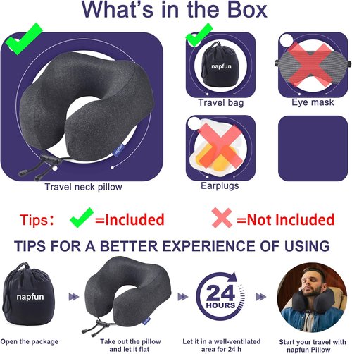 Napfun Neck Pillow - Upgraded Travel Pillow with 100% Pure Memory Foam | Portable Headrest for Airplane, Full Black