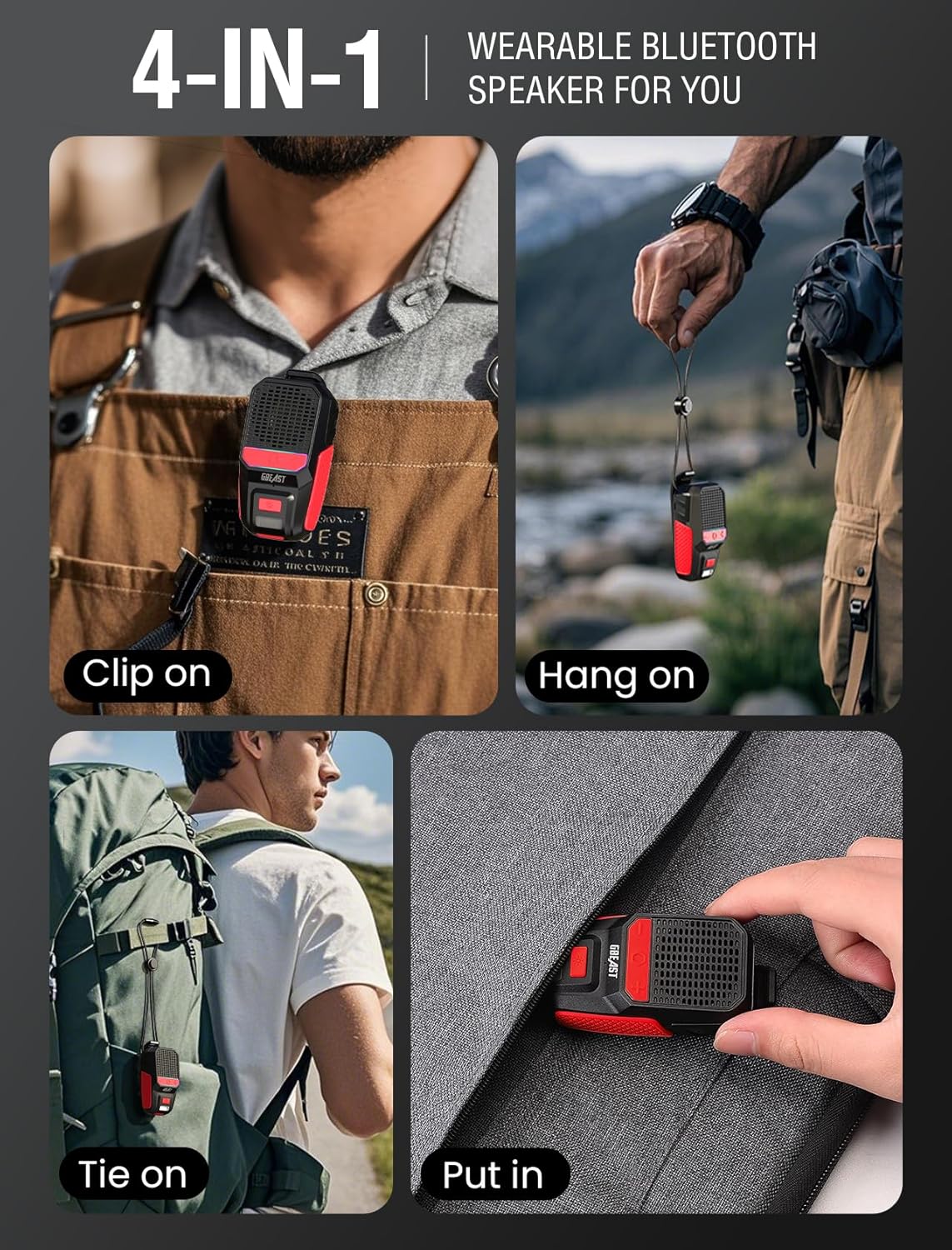 GBEAST Wearable Bluetooth Speaker, Clip-On Mini Portable Speakers All Day Playtime Waterproof Built-in Mic