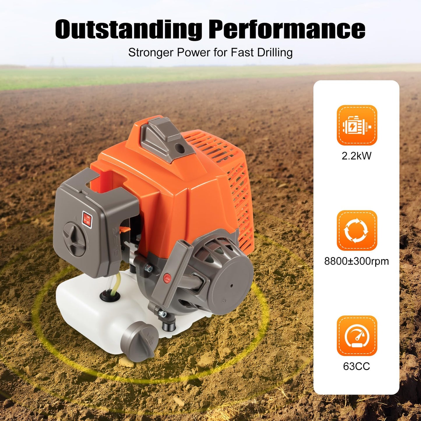 63CC 2-Stroke Hole Digger, 3HP Gas Powered Earth Auger Post Hole Digger Ground Drilling Machine Gasoline Earth Auger Wheelbarrow w/Extra-Large Fuel Tank & Bits for Fence Ground Drill Planting (Orange)