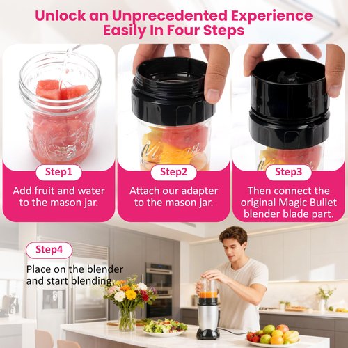 Adapter for Magic Bullet Blender And Ball Wide-Mouth Mason Jar - Blend Directly in a Mason Jar Replace Plastic Cup-Accessory for 250 Watt Magic Bullet Blender