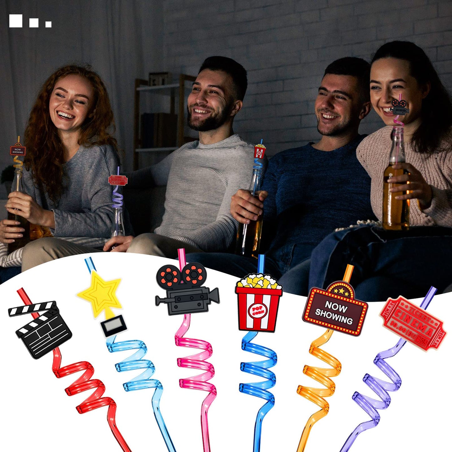 Suclain 24 Pack Movie Night Party Supplies Movie Night Drinking Straws PET Projector Popcorn Trophy Plastic Straws Red Carpet Party Favors Decorations(Stylish)