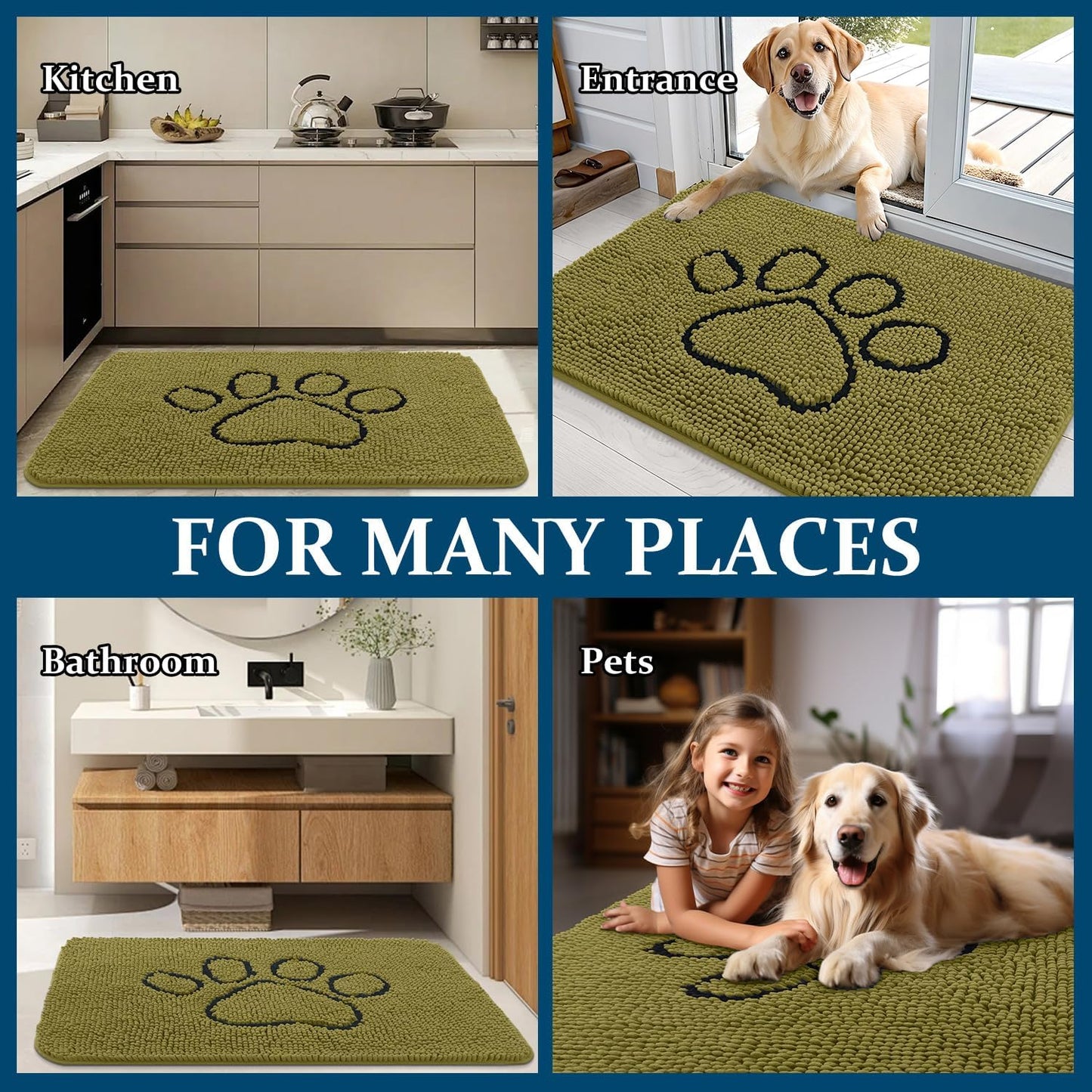 OLANLY Dog Door Mat - Absorbent Muddy Paws Doormat | Non-Slip Chenille, 30x20, Willow Green