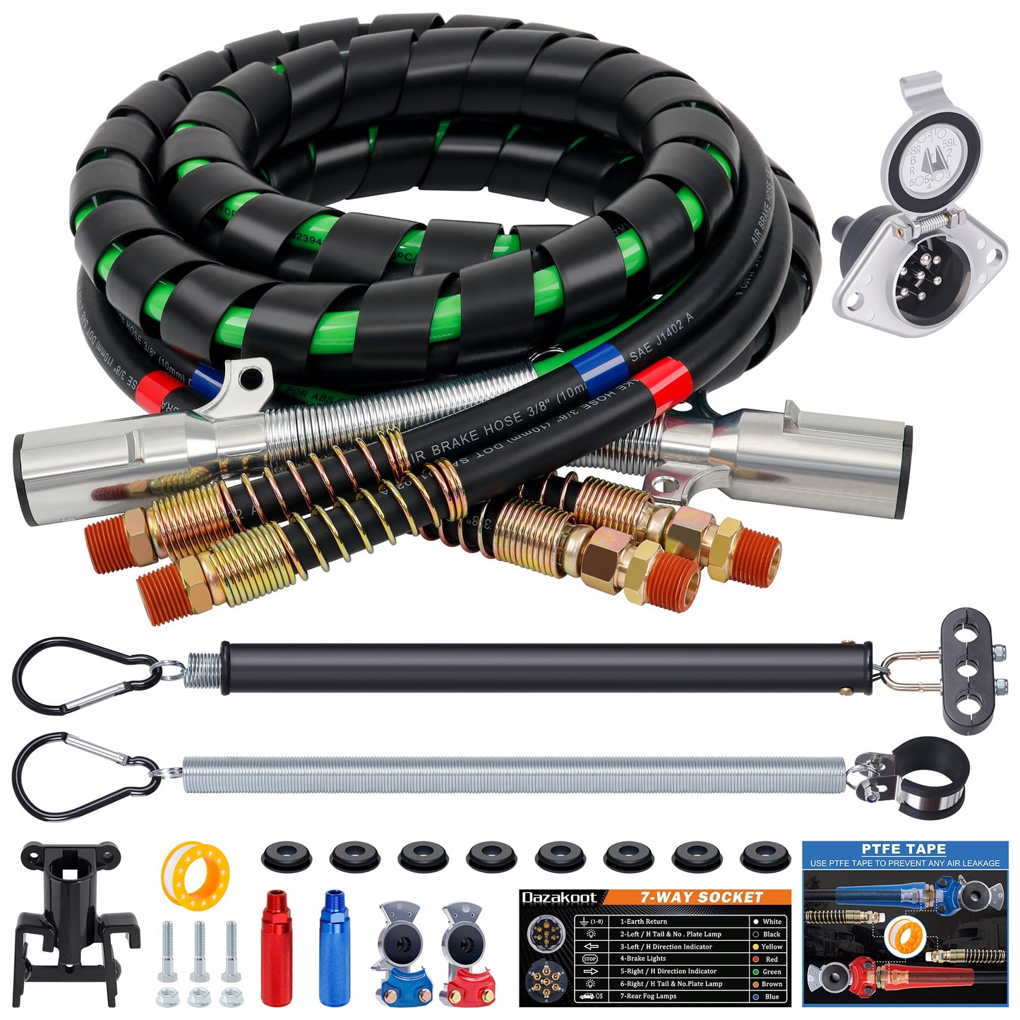 15FT Air Line Hose Kits, 3 in 1 Air Line for Truck Tractor Trailer, Semi AirLine Assembly with Gladhand, Gladhand Holder, Extension Handles, 16IN Tender Spring Kit, 7 Way Trailer Connect Socket