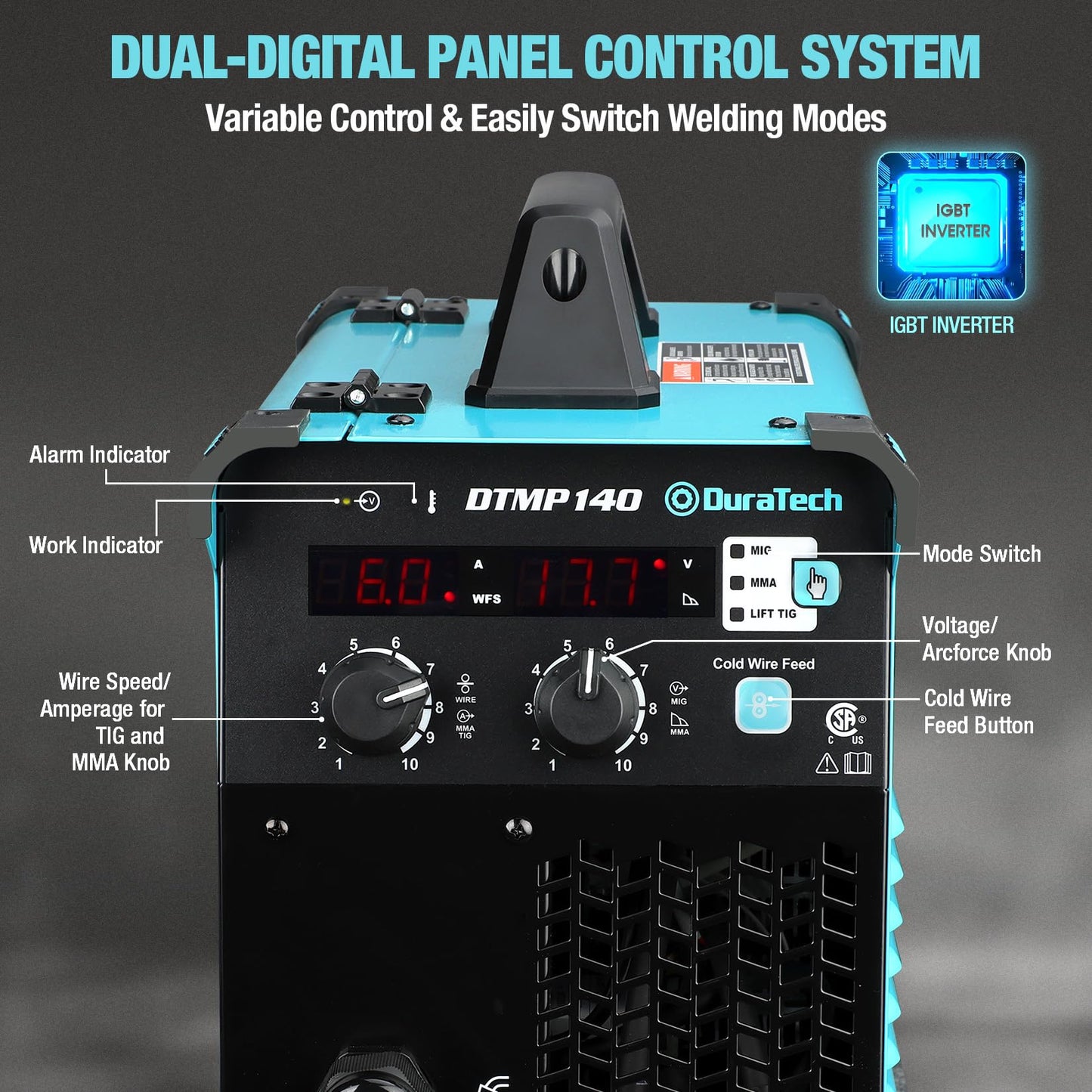 DURATECH 140Amp MIG Welder, 120V 4-in-1 Welding Machine Flux Core Gasless/Solid Core Gas Shielded/TIG/Stick Welder Suitable for 2 to 11lbs Welding Wire, IGBT Inverter Portable Welder with Welding Gun