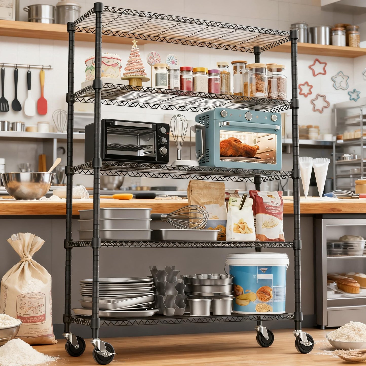 M MZG 1750LBS 47.2" W 5 Tiers Storage Shelves Metal Shelving Unit with Wheels Heavy Duty Garage Shelving Adjustable Wire Shelves for Pantry,Kitchen,Garage,Basement,Black 17.7" D x 47.2" W x 76.8" H