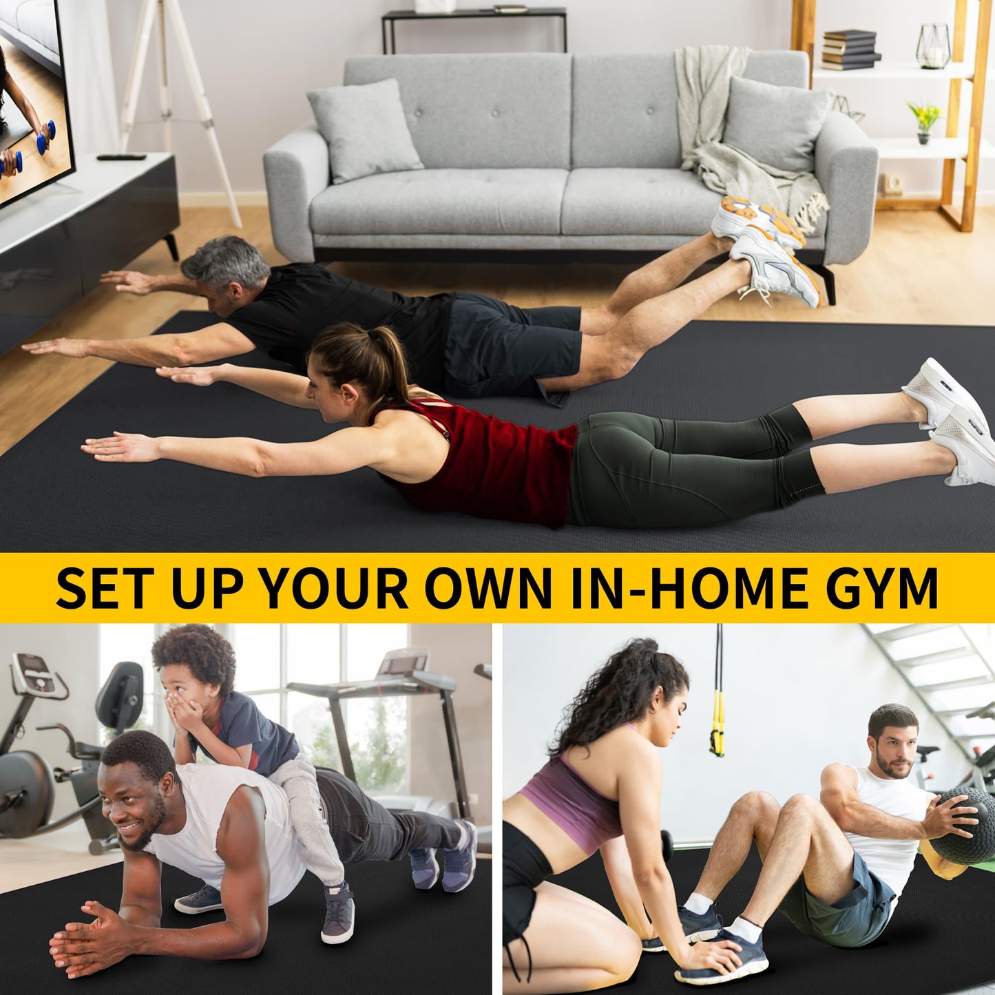 CAMBIVO Large Exercise Mat for Home Workout, 8'x6'/7'x5'/6'x4' (7 mm) Extra Thick Exercise Mat for Home Gym, Shoe-Friendly, Non-Slip Gym Mat for Jump Rope, Weights, Cardio, Fitness (Ink Black)