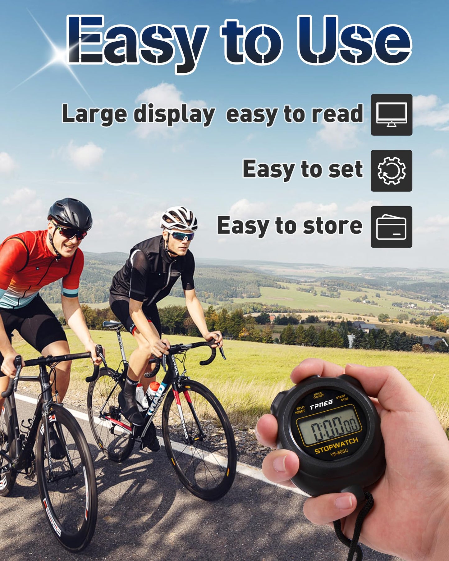 TPNEG Simple Stopwatch Timer - Easy to Use, Set Up, Read, and Carry - Large Display - On/Off, AAA Battery, No Hourly Beep - Ideal for Kids, Track and Field, Sports, Classroom - Stopwatches for Coaches