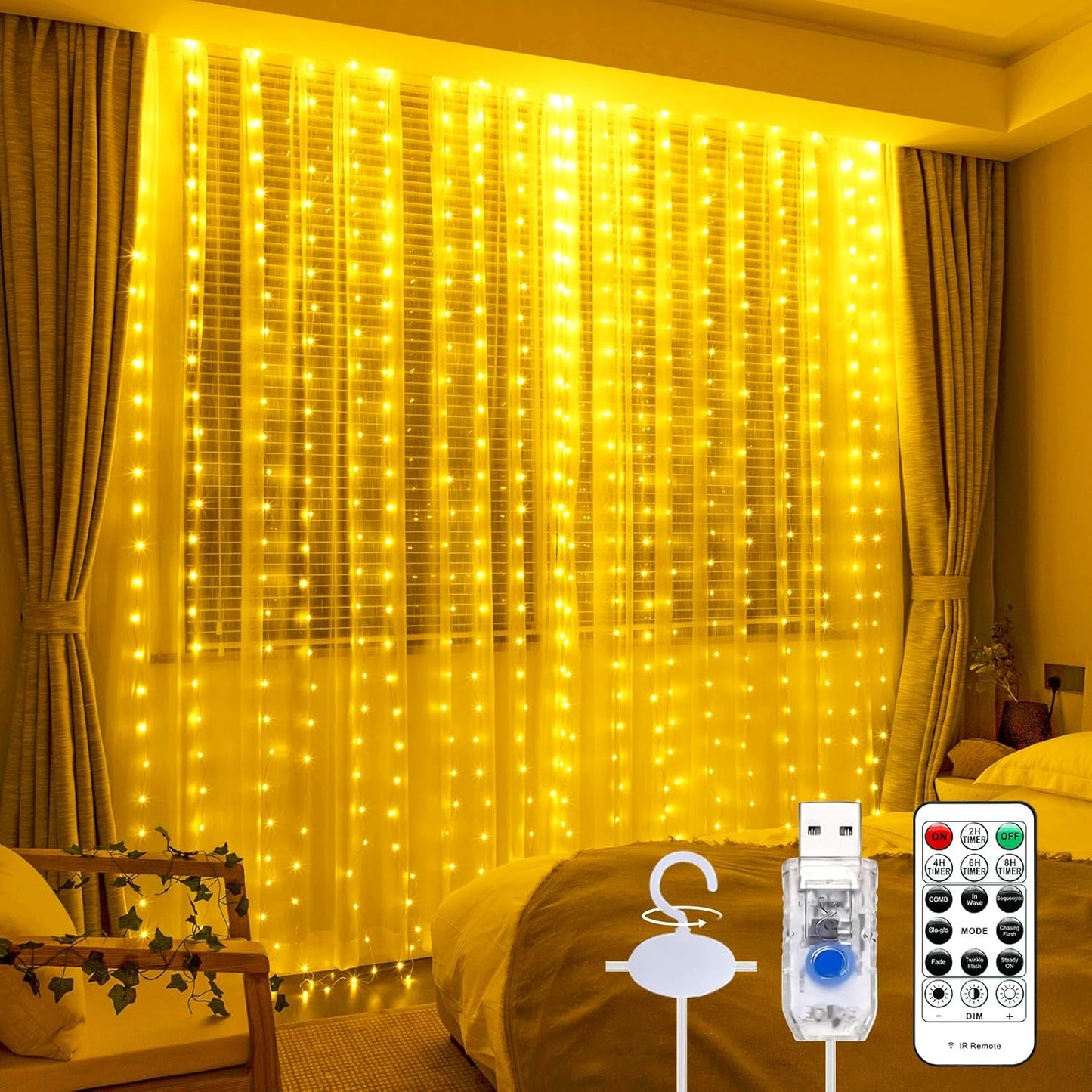 Skiennix Curtain Light - 300 LED Fairy String Lights with Remote & 8 Modes | 9.8ft x 9.8ft Warm White Decor