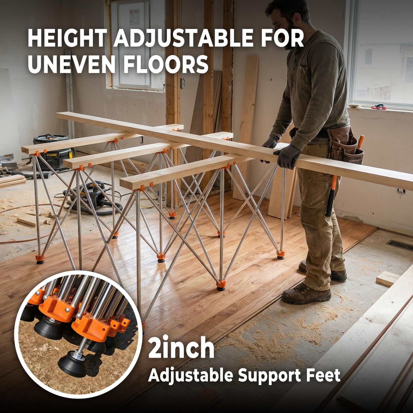 Joinerjetly 30" Tall Portable Folding Workbench 4x4 FT, Stable 9-Leg Collapsible Work Stand with Adjustable Leveling Feet, Lightweight 3500 lbs Capacity Sawhorse Table for Woodworking & Jobsite