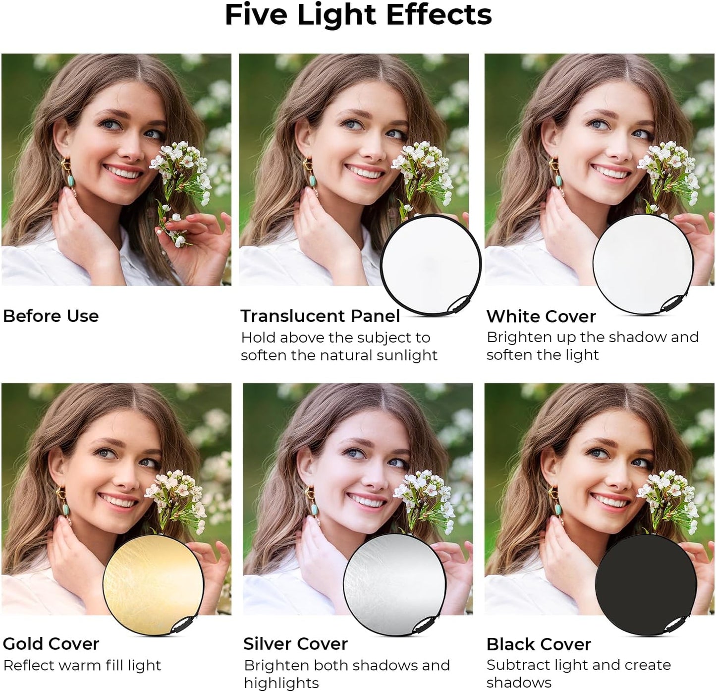K&F CONCEPT 5-in-1 22"(60cm) Light Reflector with Grip Photography Diffuser Collapsible Portable for Studio and Outdoor