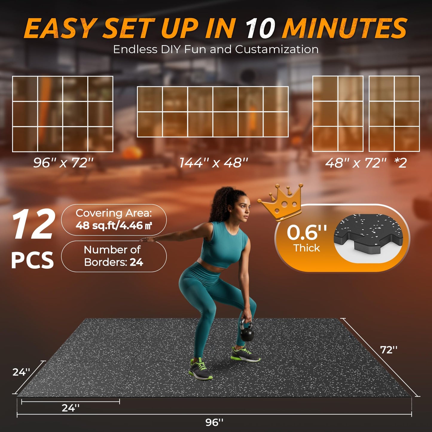 PRAISUN 0.6" Thicker Rubber Top Gym Flooring for Home Gym, 12 Pcs 48 Sq Ft Workout Mats, Exercise Mat, Interlocking Rubber Floor Mats with High Density EVA Foam for Garage, 24 x 24in, Black/Grey