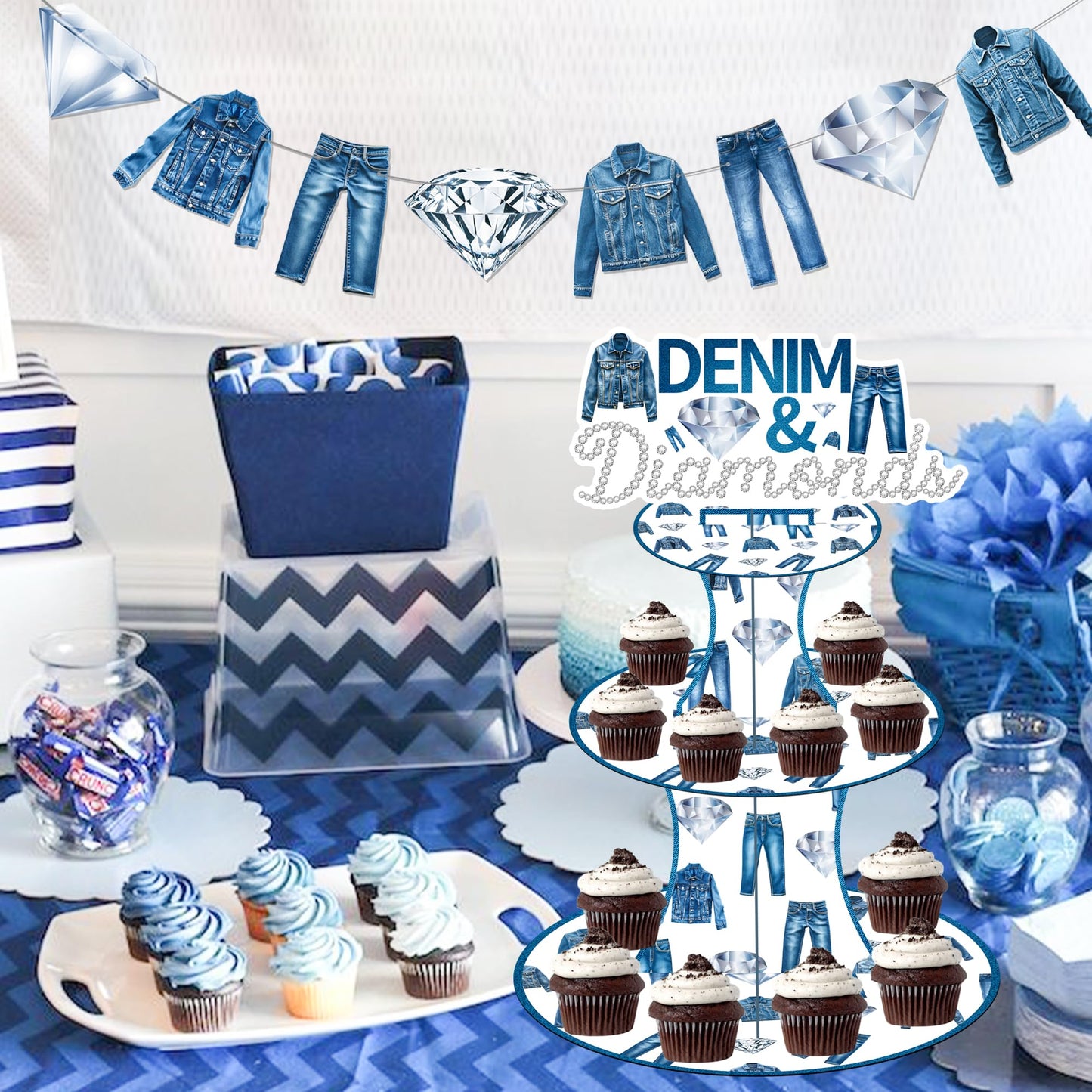 umoni Denim and Diamonds Cupcake Stand 3-Tier Denim Jean Cupcake Holder Denim Themed Party Dessert Tower for Crystal Diamonds Party Supplies