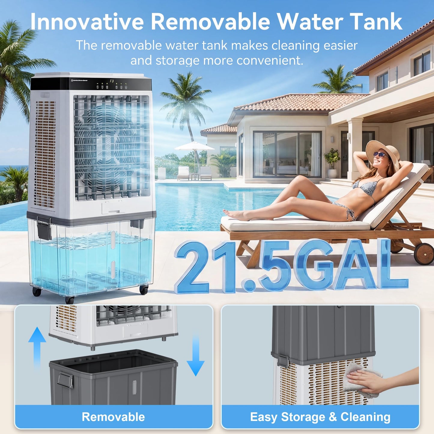 AKIRES 48" Large Swamp Cooler,6288 CFM Evaporative Air Cooler,21.5 Gal Water Tank Portable Air Cooler,120°Oscillation with Remote Control,12H Timer,3 Modes & Wind Speeds for Outdoor Indoor Use,Black