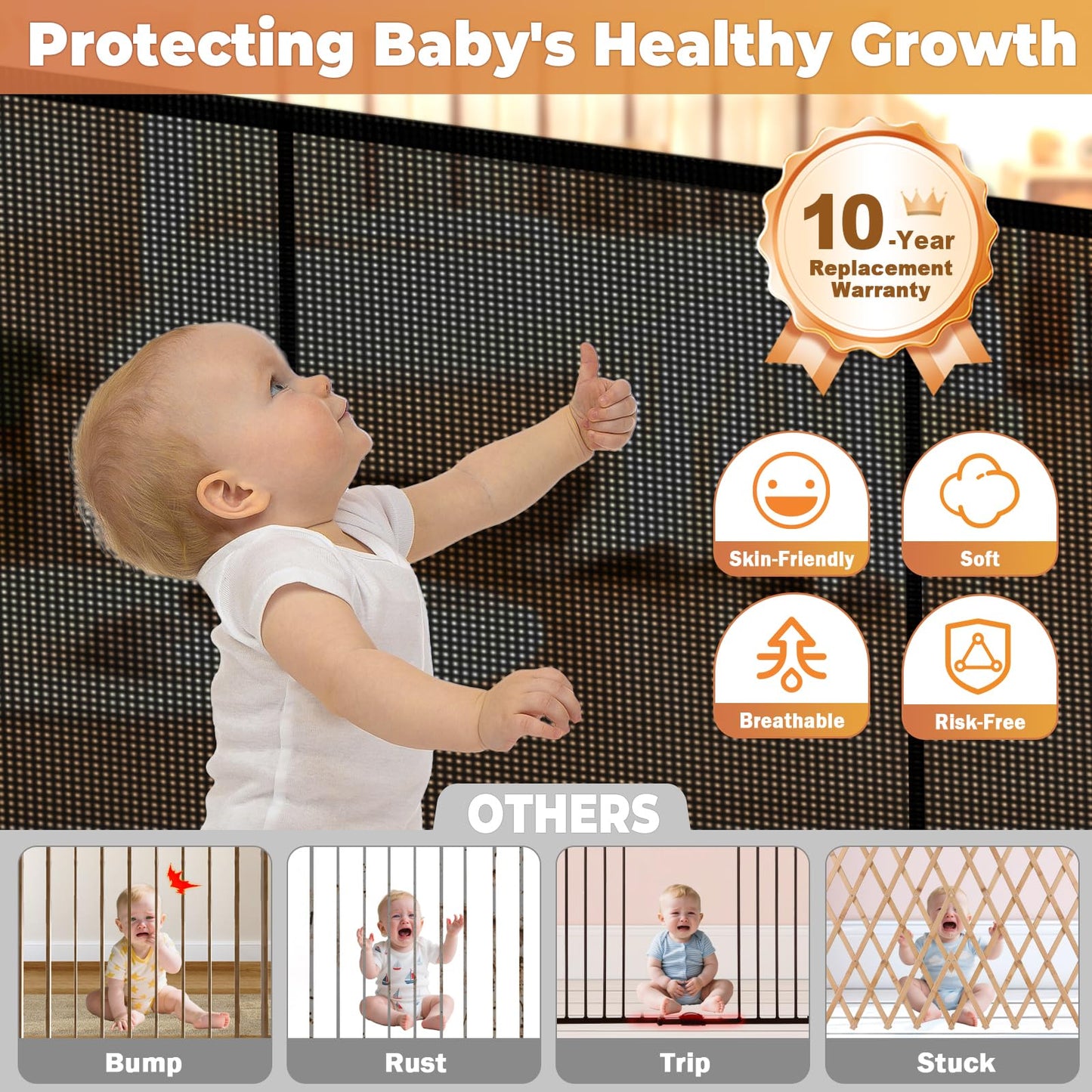 160" Retractable Baby Gates Dog Gate Extra Wide, 42" Tall Child Pet Safety Gate with Reinforced Strips for Stairs, Long Mesh Garage Gates Fence for Outdoor Indoor Large Openings Driveway Decks Patio