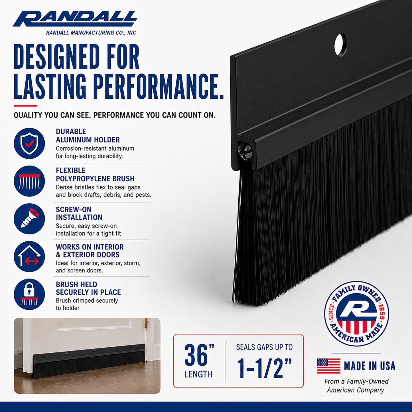 3 FT Black Aluminum Door Sweep with Black Brush Seal | Fills Gaps Up to 1 1/2” | Pre-Drilled with Matching Color Screws Included | Draft Stopper, Dust & Debris Blocker | Made in USA