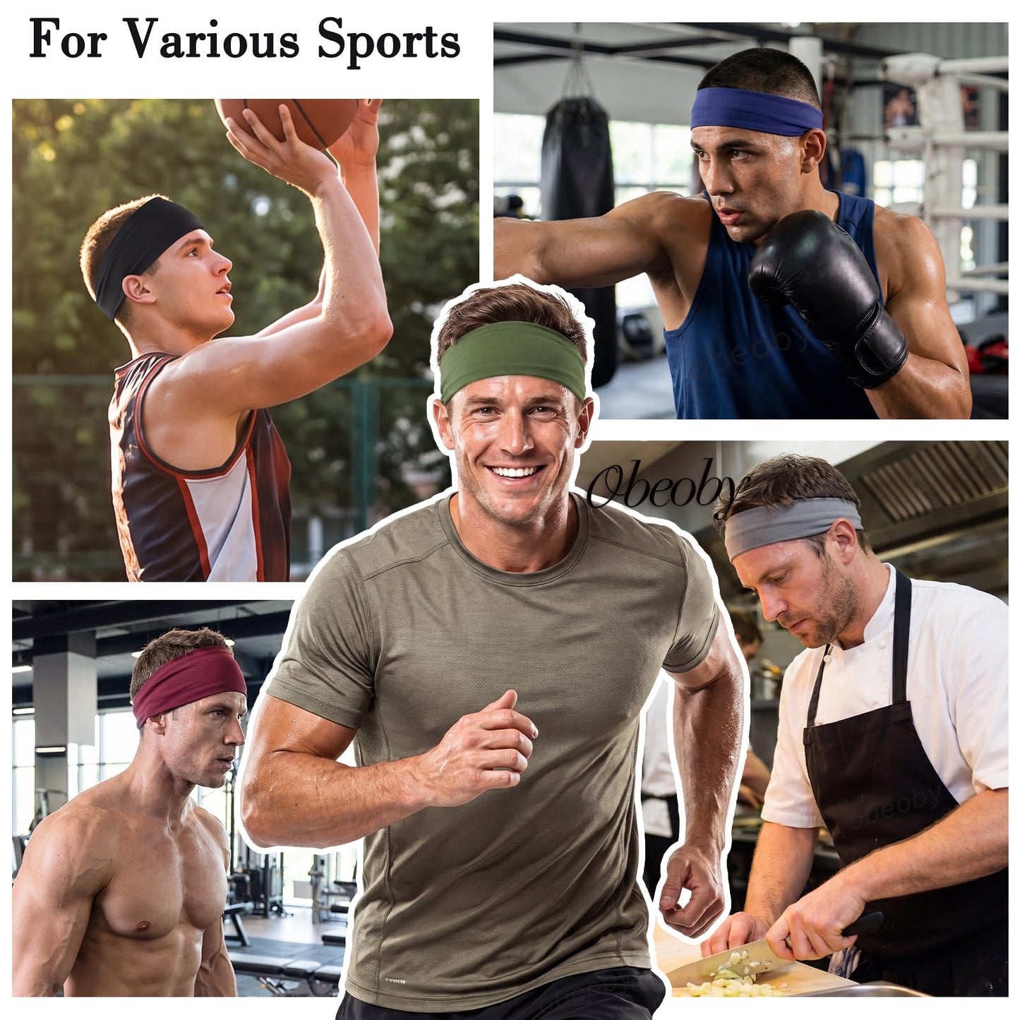 Obeoby 7 Pcs Headbands for Men, Soft Elastic Sports Sweatbands - Non Slip Moisture Wicking Bandanas Hair Band Head Wrap and Running Accessories for Gym Workout, Football, Yoga and Daily Athletic Use