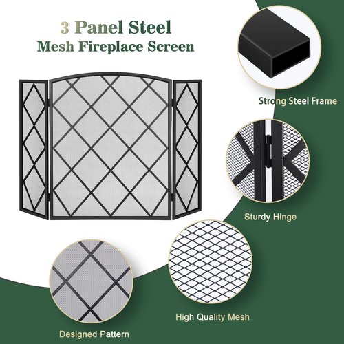 FEED GARDEN 3 Panel Fireplace Screen 48" W x 29" H Modern Foldable with Wrought Metal Decorative Mesh, Black