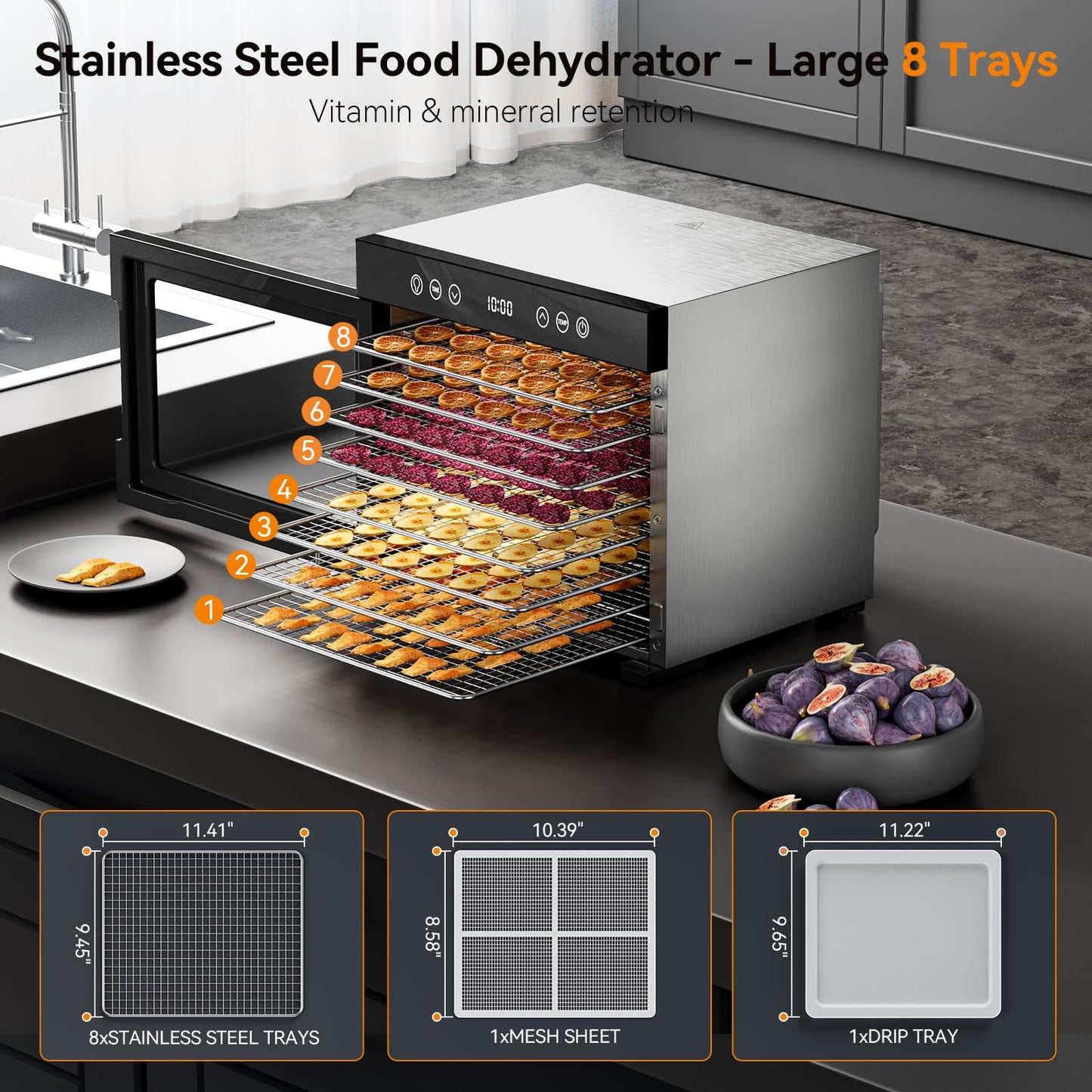 Food Dehydrator Machine with 8 Stainless Steel Trays, 650W Powerful Motor, Adjustable Temperature & 48-Hour Timer for Jerky, Fruits, Herbs, Dog Treats - Quiet Operation