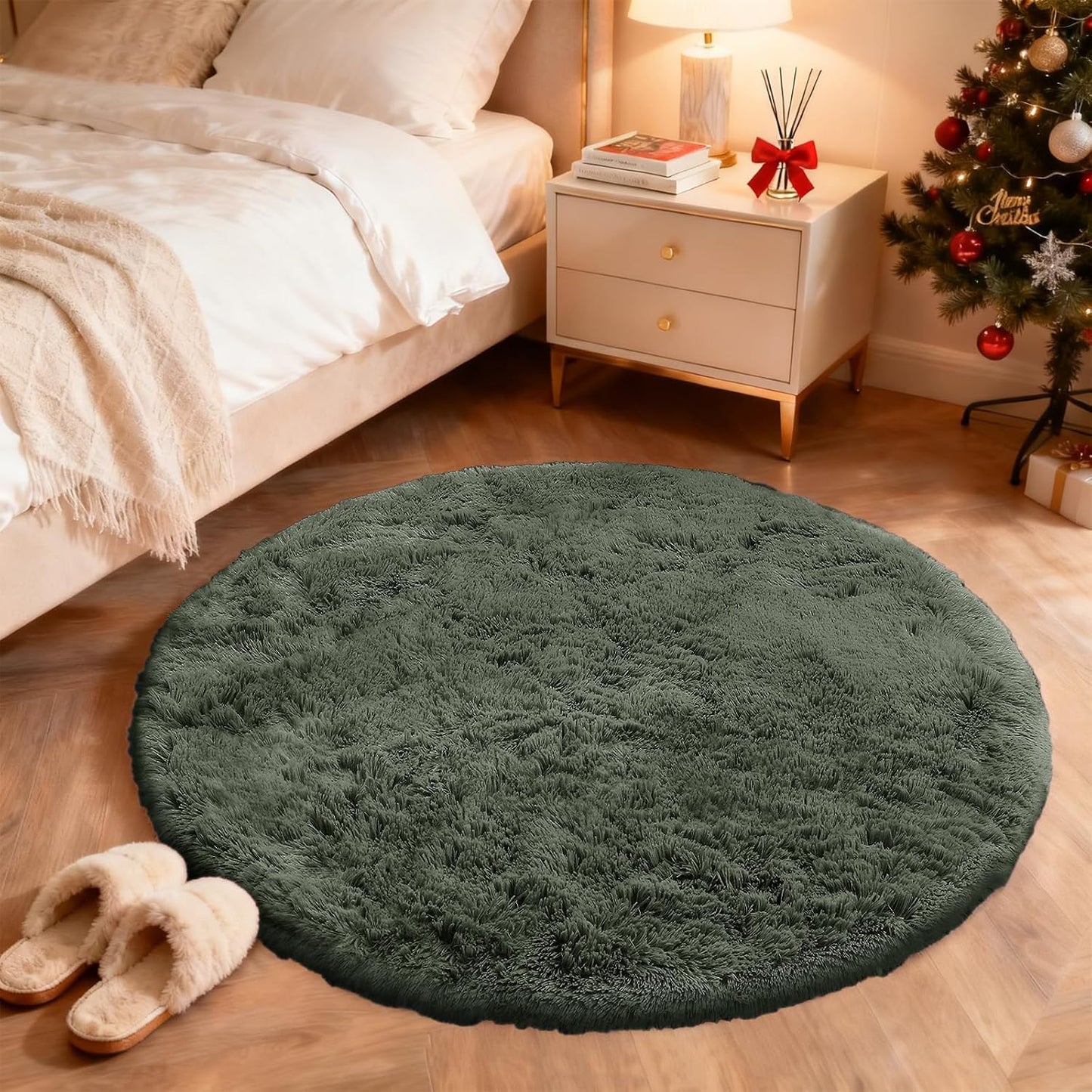 OLANLY Olive Green Round Rug - Soft, Fluffy, Machine Washable 4 ft Circle Area Rug for Bedroom & Living Room