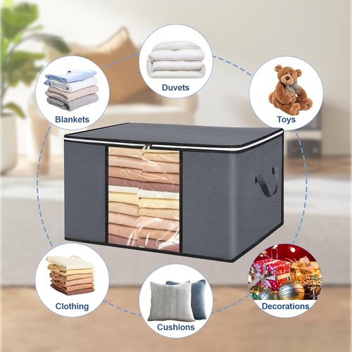 BiCINE 90L Large Clothes Storage Bags - Foldable Blanket Bins with Clear Window for Bedding & Pillows