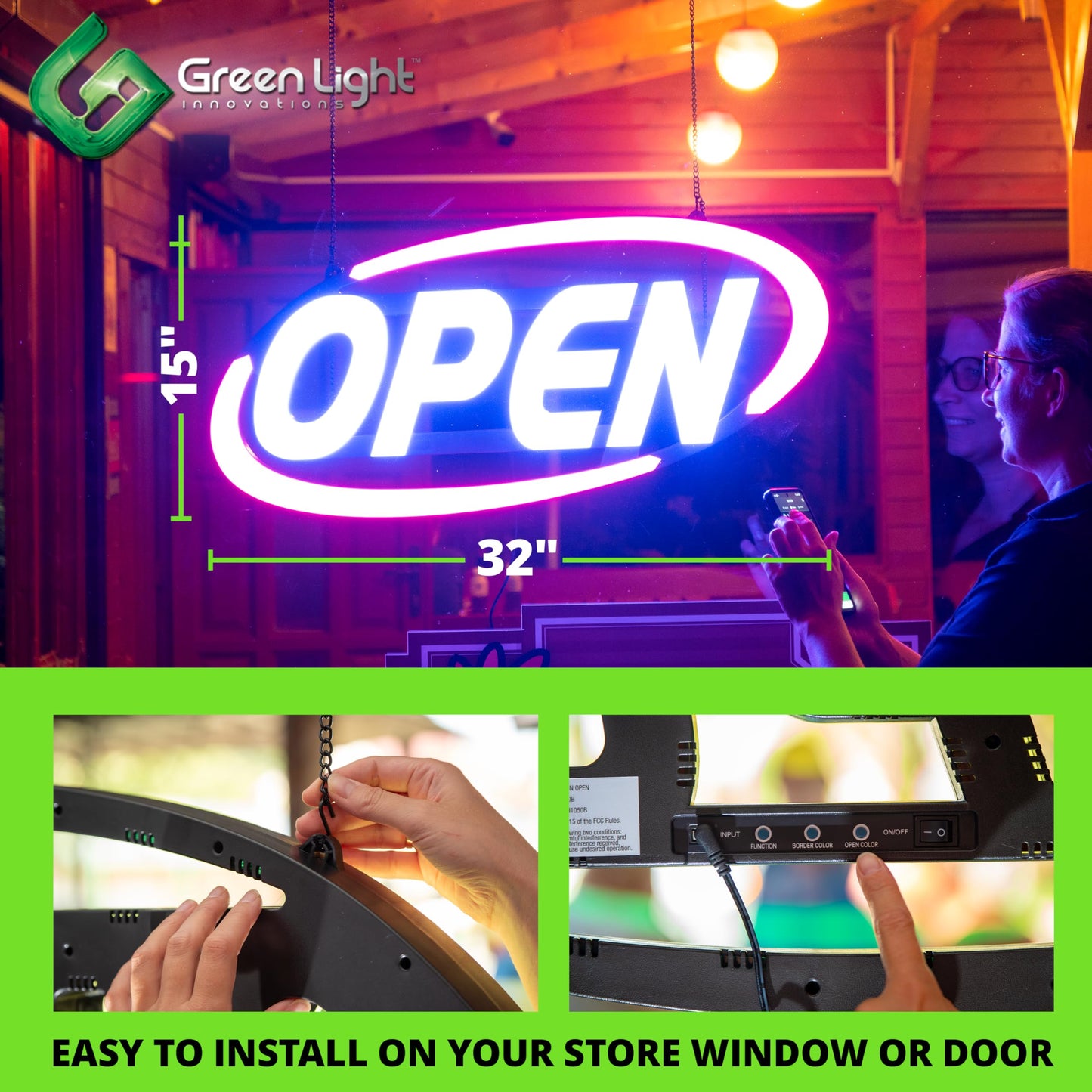 Green Light Innovations Super‑Bright LED Open Sign 15×32 in – Programmable with 64 Color Combos via App or Remote – Static, Scroll, Flash & Phase Modes – Daylight Visible Electric Sign