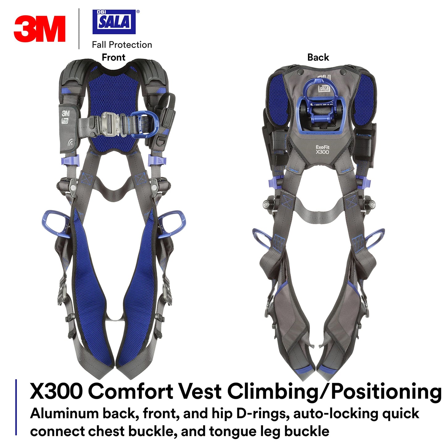 3M 1113421 DBI-SALA ExoFit X300 Comfort Vest Climbing/Positioning Safety Harness, General Industry Fall Protection, Back, Front, and Hip D-Rings, Tongue Leg Buckle, Quick Connect Chest, Medium